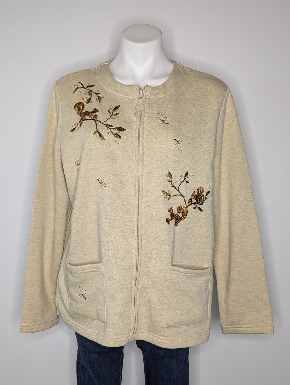 Vintage Breckenridge Cream Brown Embroidered Squirrel Zip Up Sweatshirt L